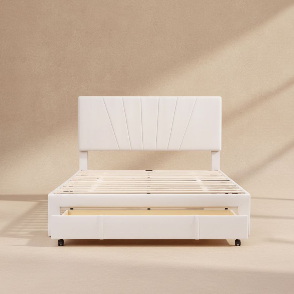 Lit double moderne en velours beige 140x200 cm avec tiroir de rangement