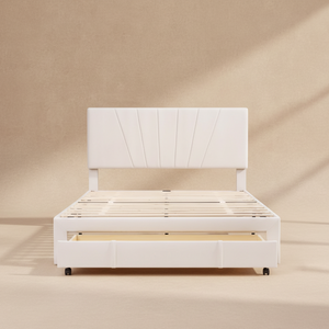 Lit double moderne en velours beige 140x200 cm avec tiroir de rangement