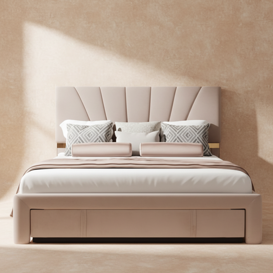 Lit double moderne en velours beige 140x200 cm avec tiroir de rangement