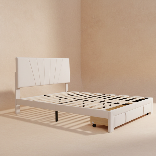 Lit double moderne en velours beige 140x200 cm avec tiroir de rangement