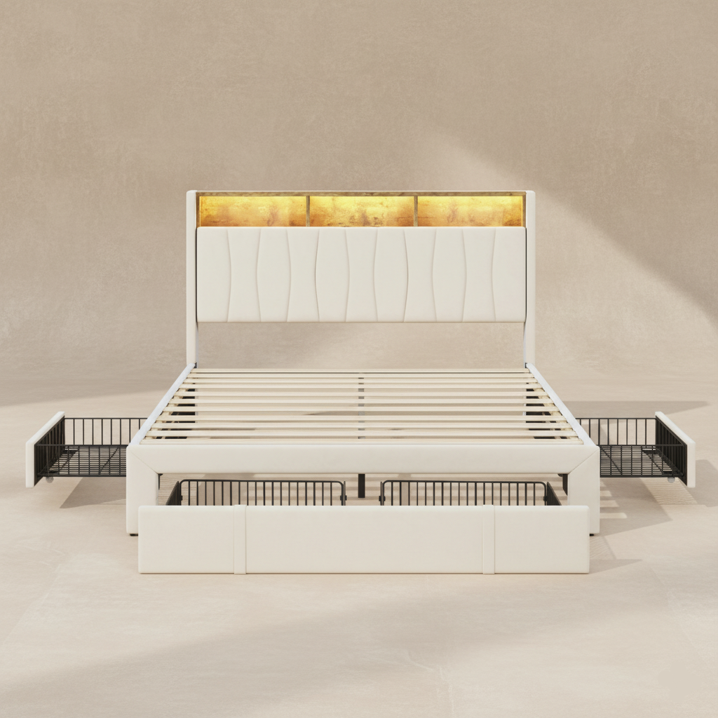 Lit capitonné beige avec LED et rangements