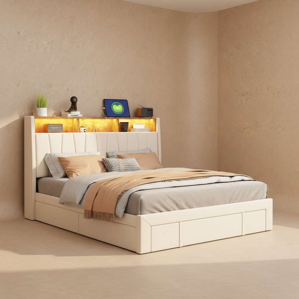Lit capitonné beige avec LED et rangements