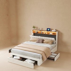 Lit capitonné beige avec LED et rangements