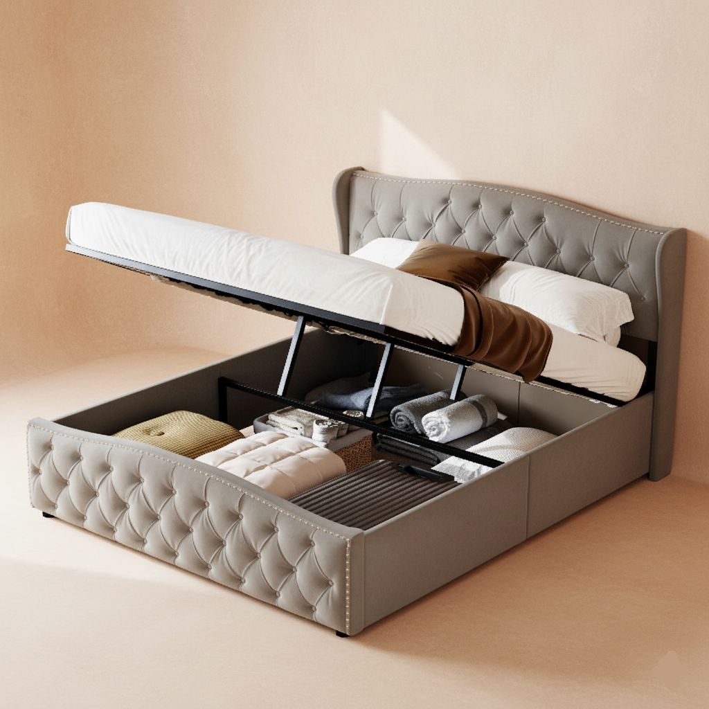 Lit capitonné gris en velours avec rangements