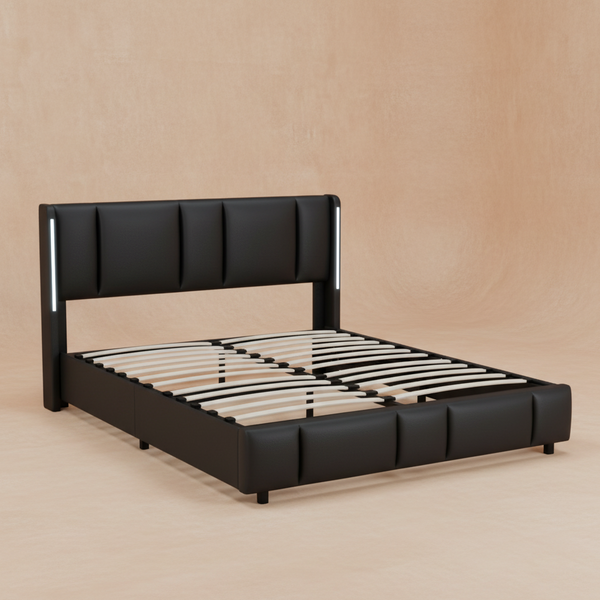 Black upholstered LED bed with storage