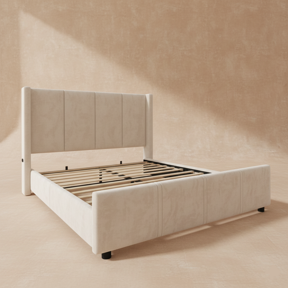 Modern beige upholstered bed with USB