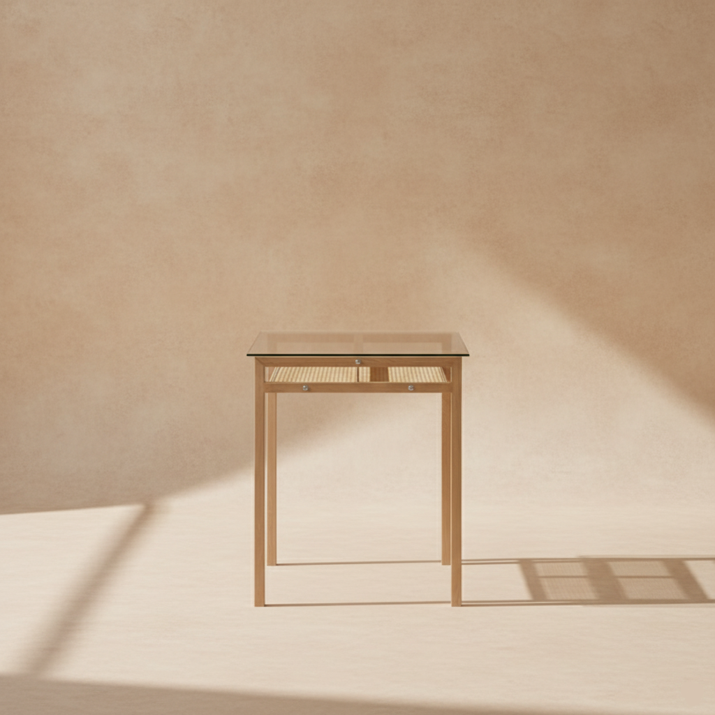 Table à manger rectangulaire verre trempé et rotin