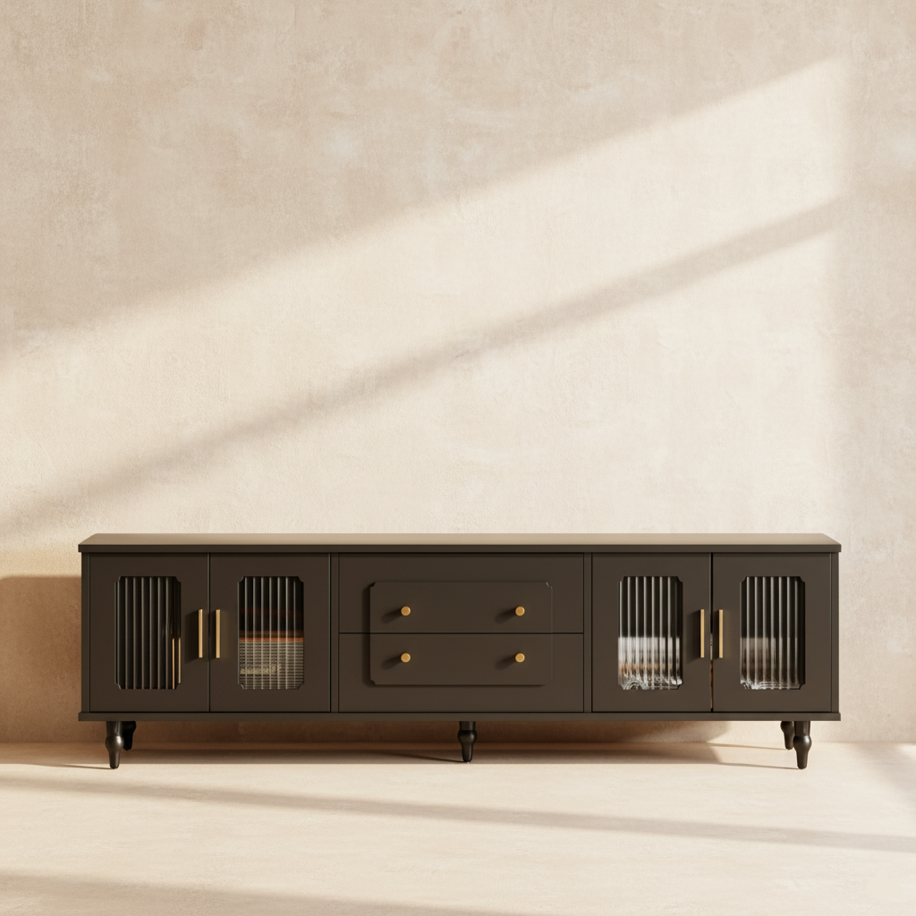 Meuble TV noir rétro avec verre rainuré