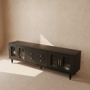 Meuble TV noir rétro avec verre rainuré