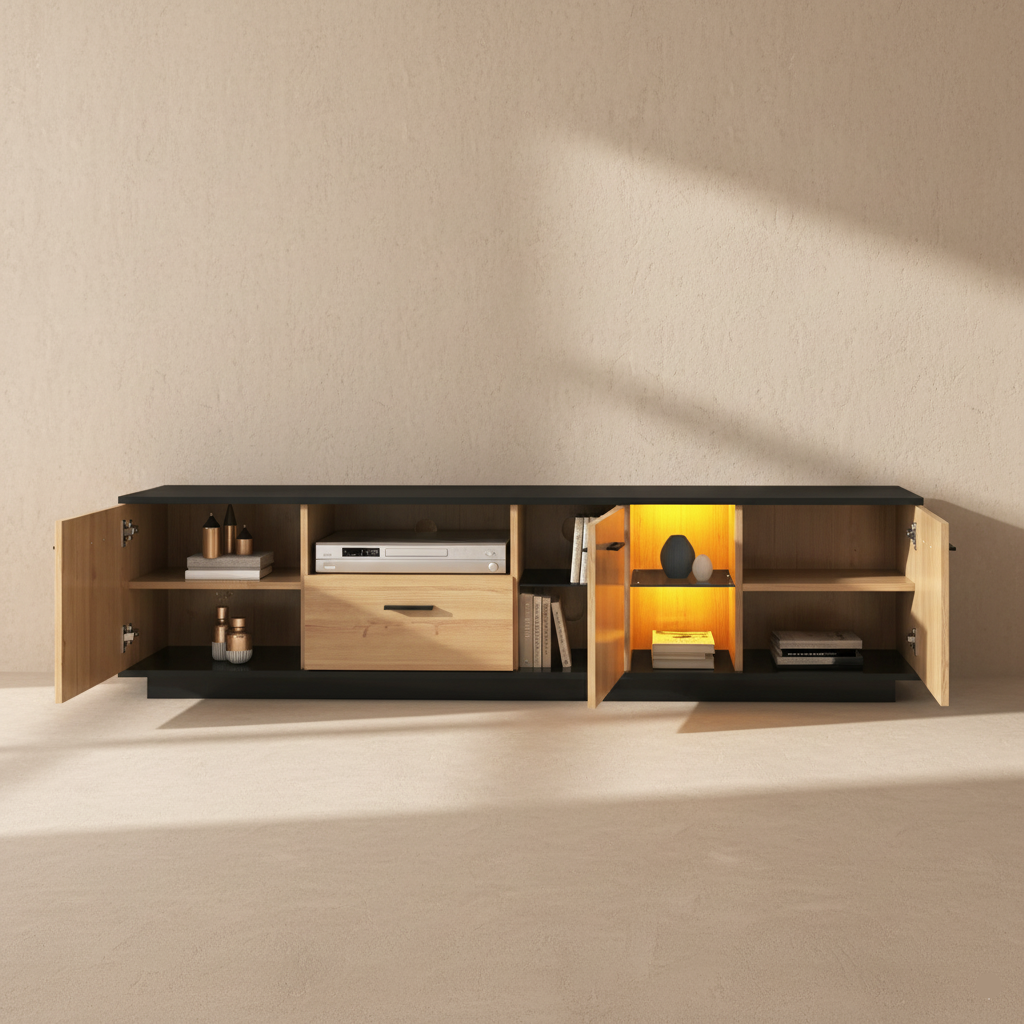 Meuble TV bois noir LED