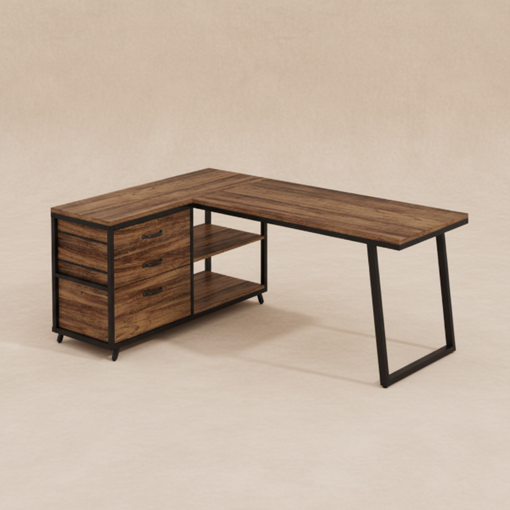 Bureau d’angle bois foncé industriel