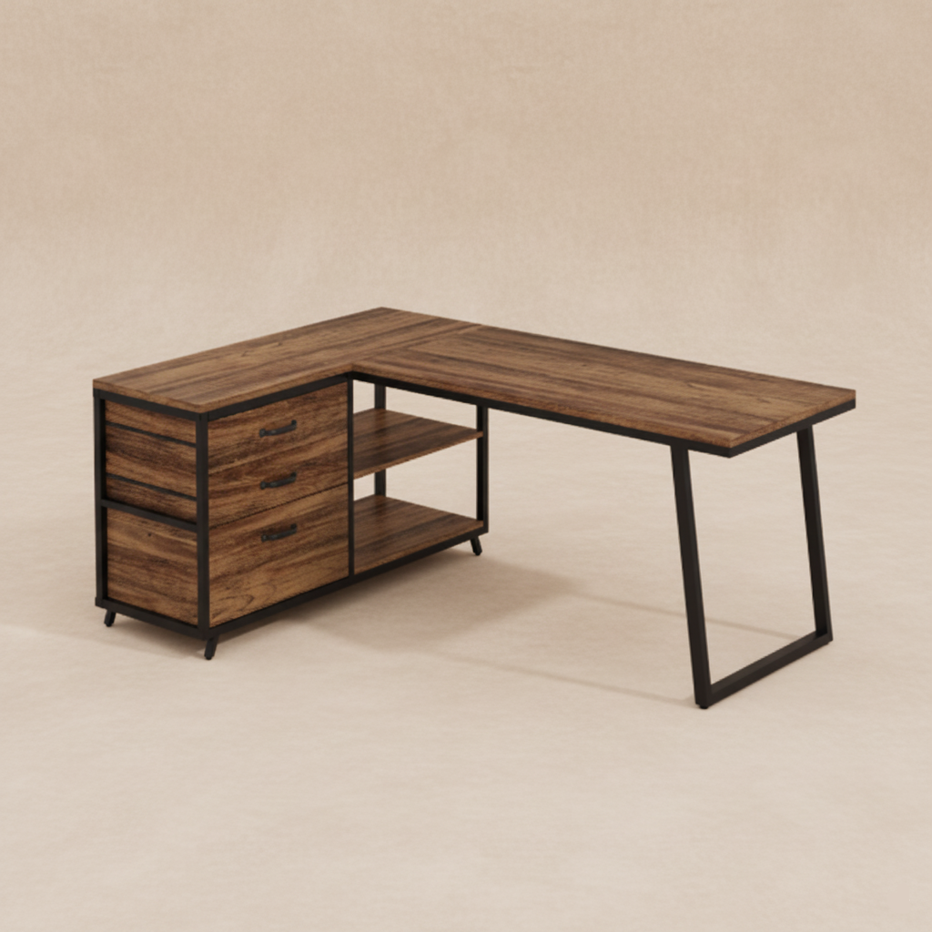 Bureau d’angle bois foncé industriel