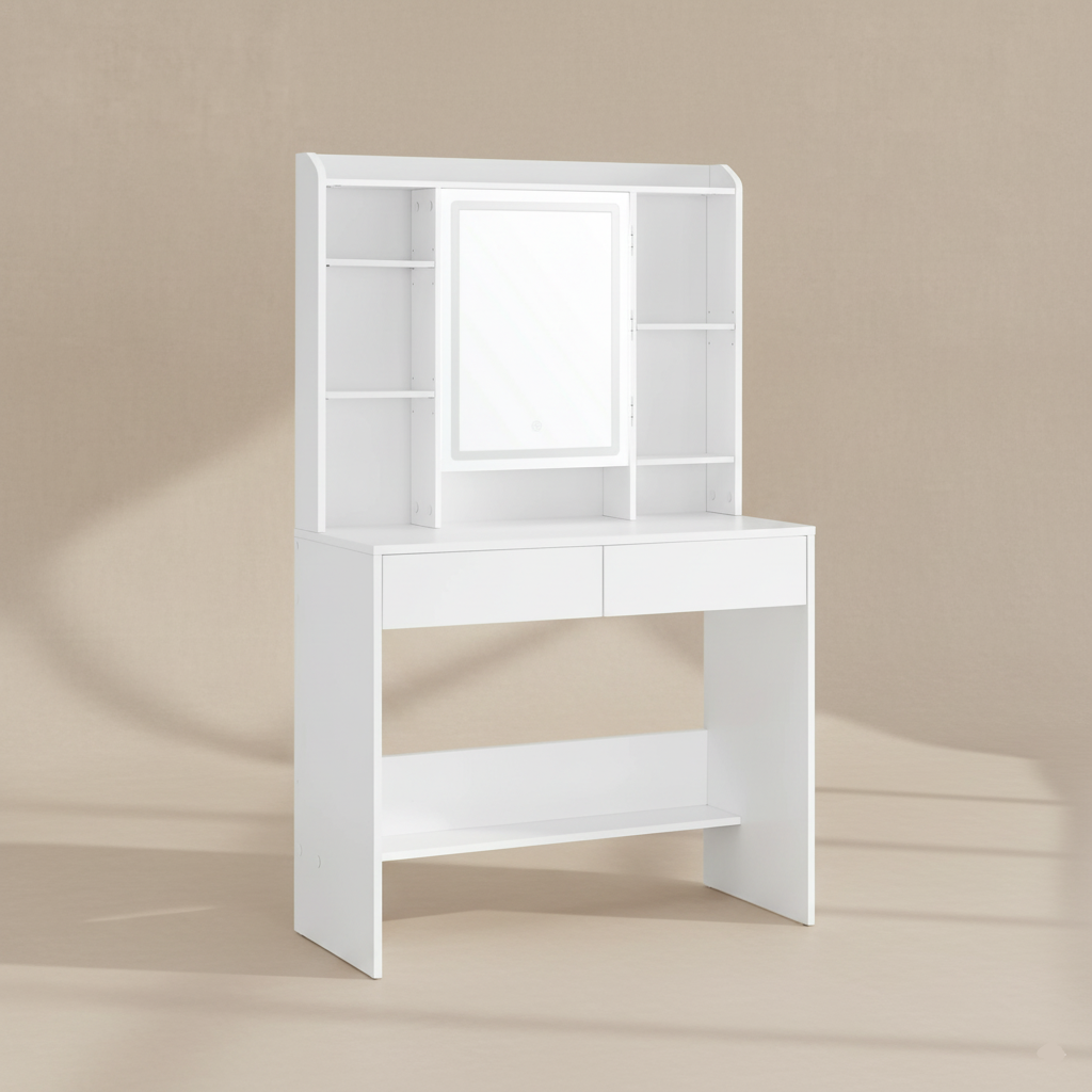 Coiffeuse blanche miroir LED rotatif