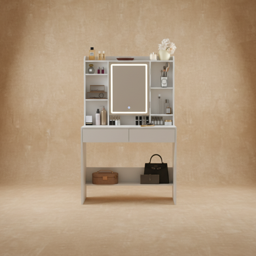 Coiffeuse blanche miroir LED rotatif