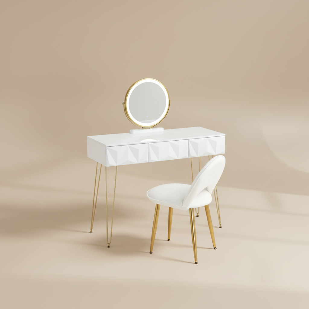 Coiffeuse blanche LED miroir rotatif
