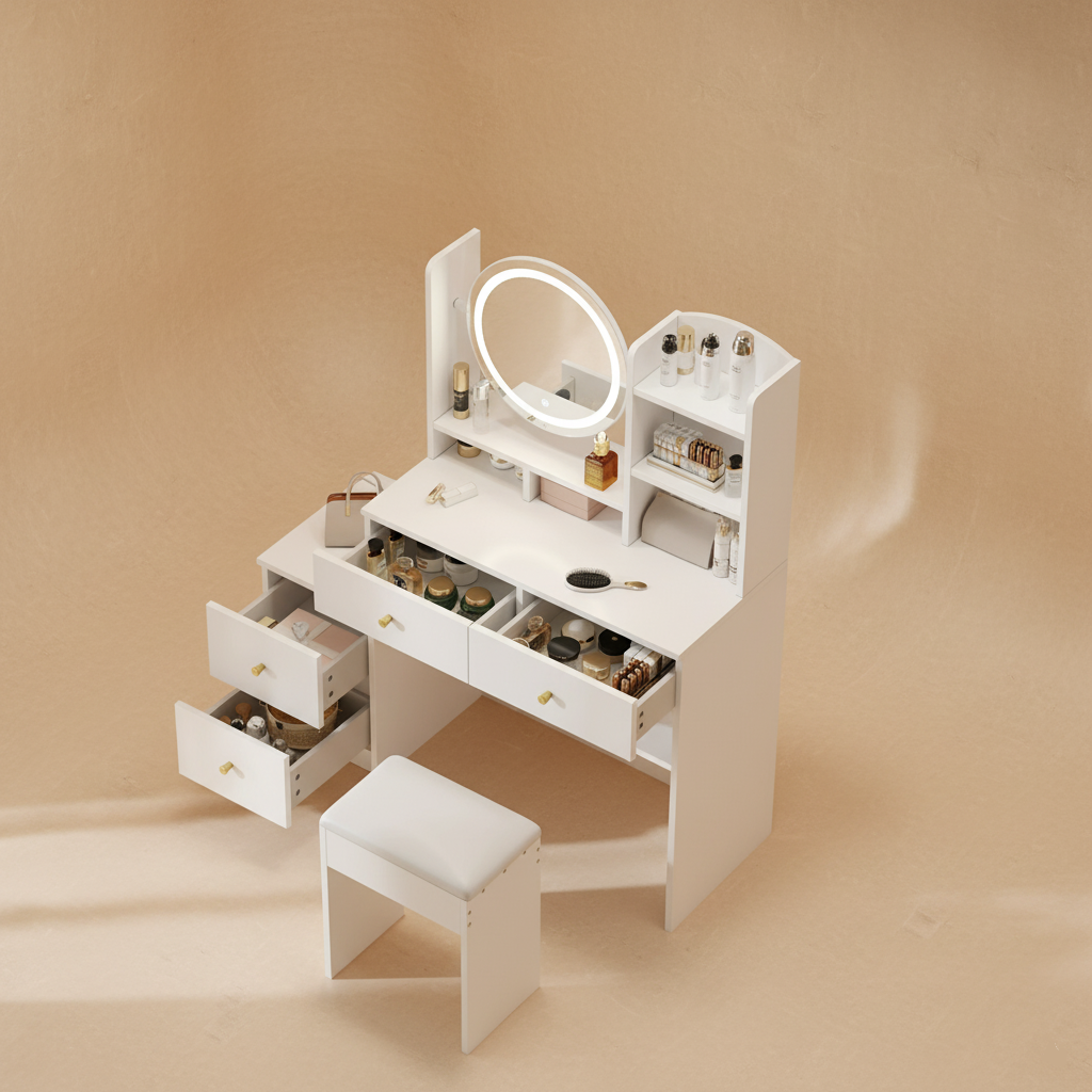 Coiffeuse 4-en-1 LED avec miroirs