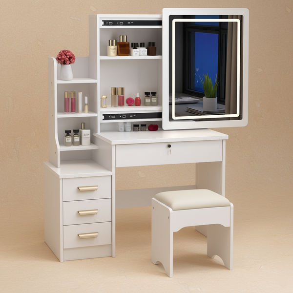 Coiffeuse blanche LED miroir coulissant
