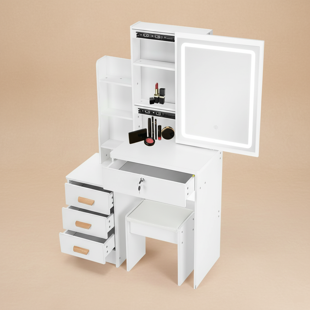 Coiffeuse blanche LED miroir coulissant