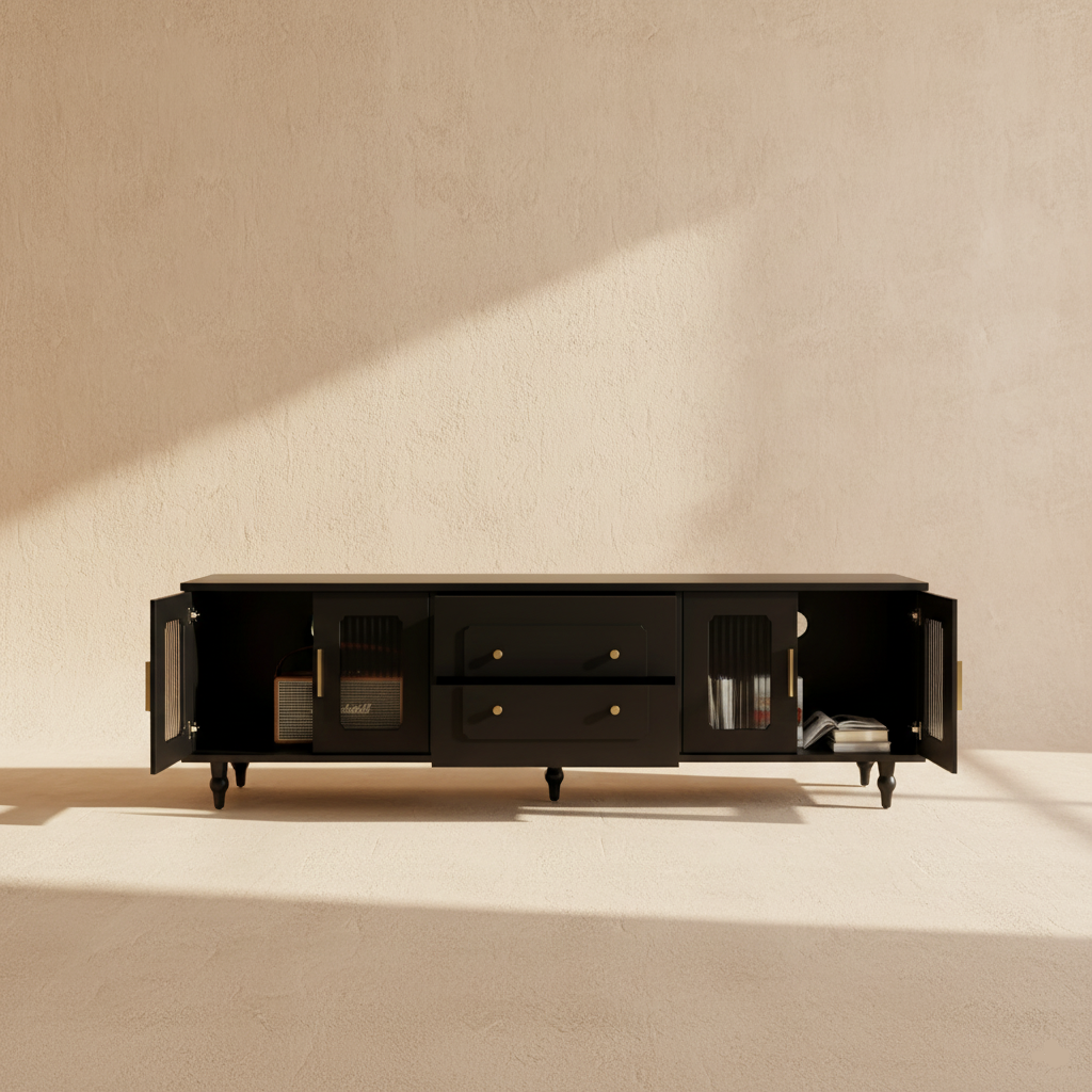 Meuble TV noir rétro avec verre rainuré