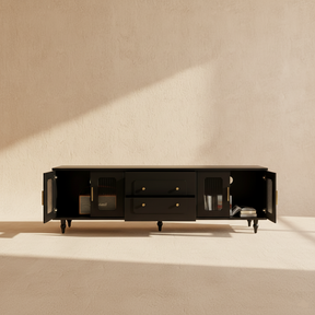 Meuble TV noir rétro avec verre rainuré