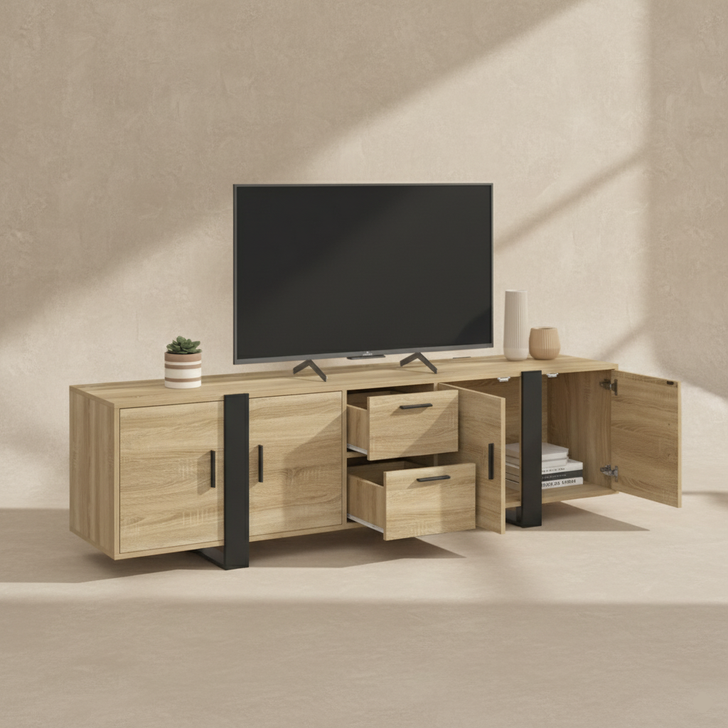 Meuble TV bois noir industriel