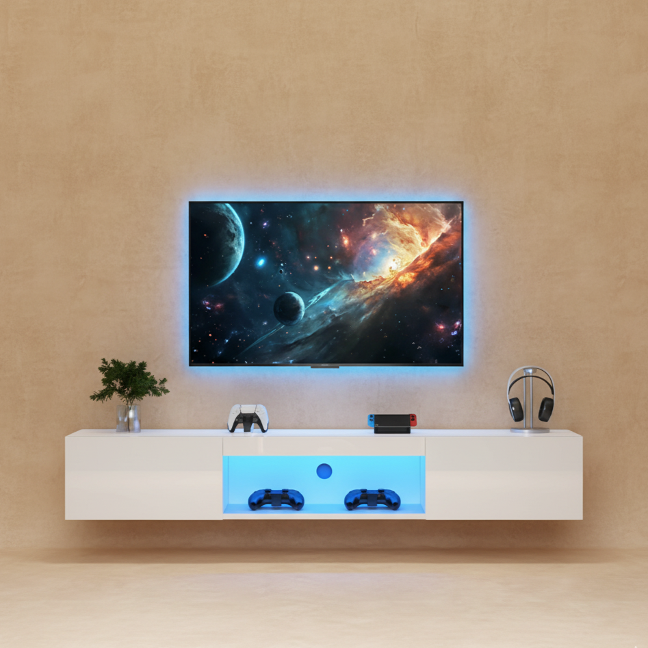 Meuble TV mural blanc LED