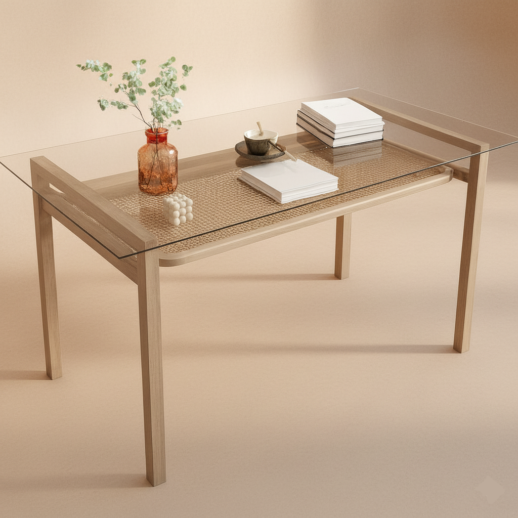 Table à manger rectangulaire verre trempé et rotin