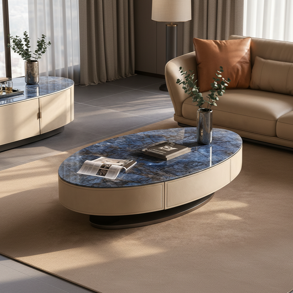 Table basse ovale marbre bleu design