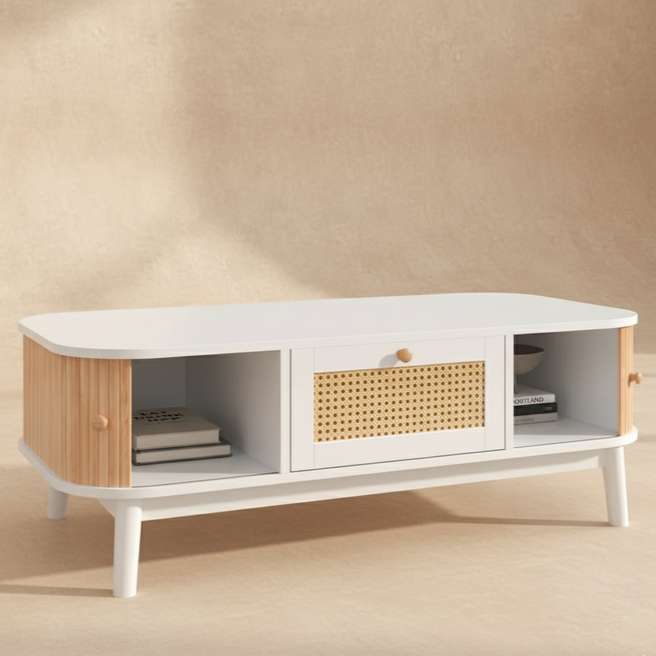 Table basse rotin bois blanc
