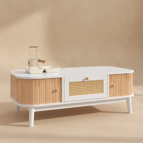 Table basse rotin bois blanc