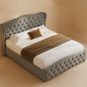 graues, samtbezogenes Polsterbett mit Stauraum