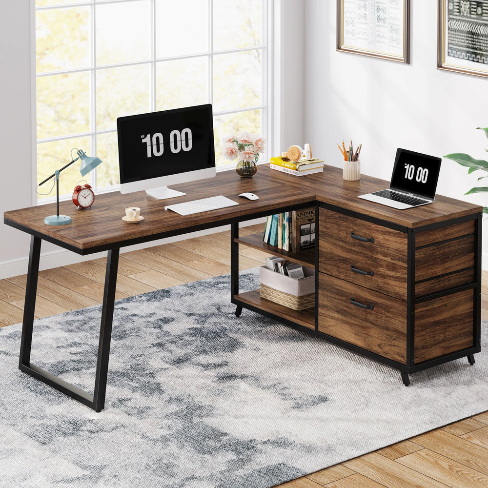 Bureau d’angle bois foncé industriel