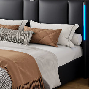 Black upholstered LED bed with storage