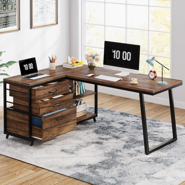 Bureau d’angle bois foncé industriel
