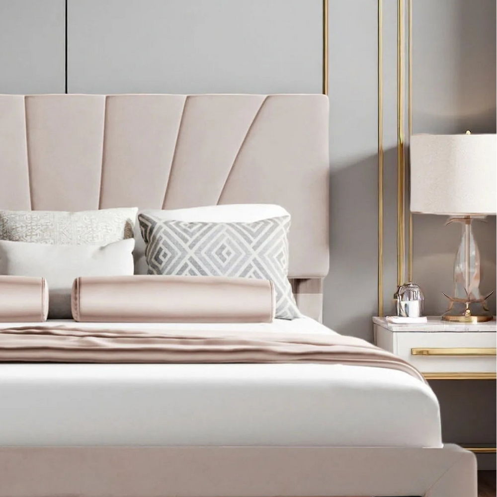 Modern double bed in beige velvet 140x200 cm with storage drawer