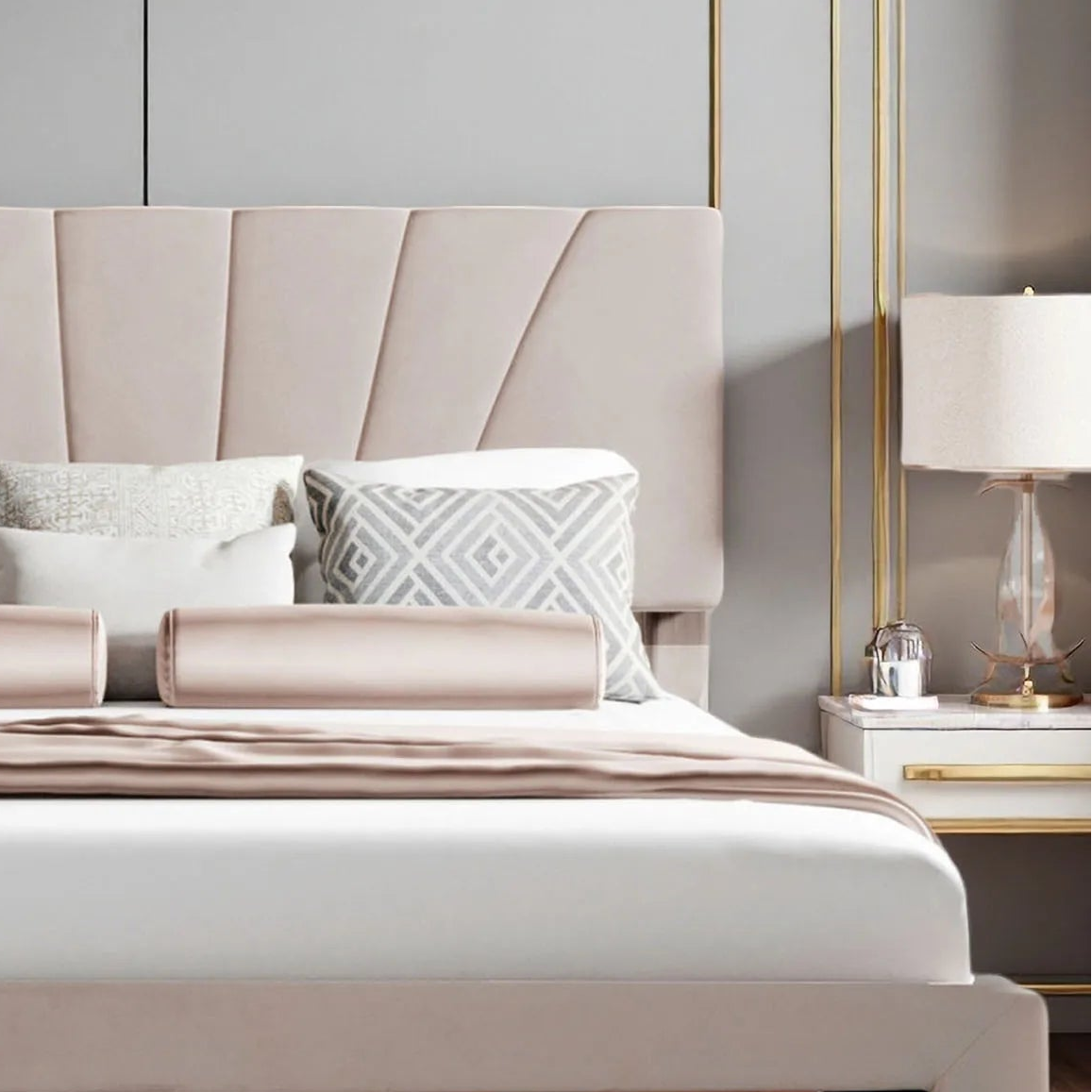 Lit double moderne en velours beige 140x200 cm avec tiroir de rangement