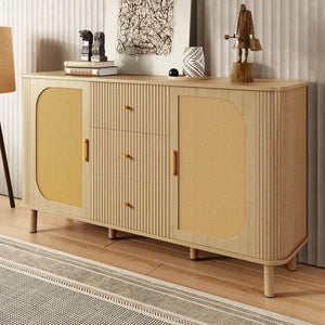 Buffet moderne bois et rotin avec pieds métal
