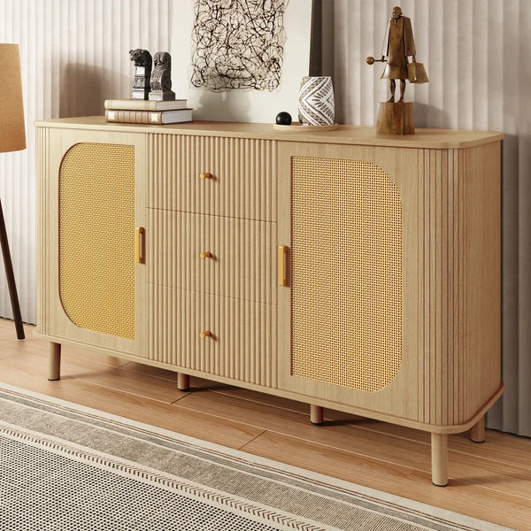Buffet moderne bois et rotin avec pieds métal