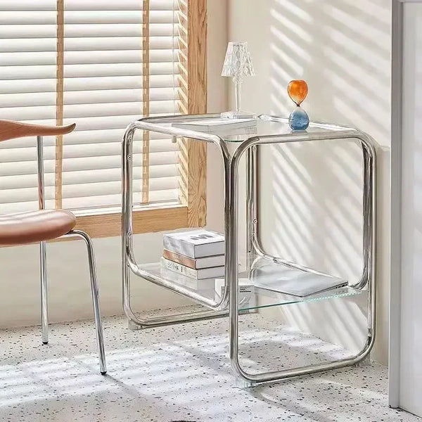 Table de chevet acier inox et verre