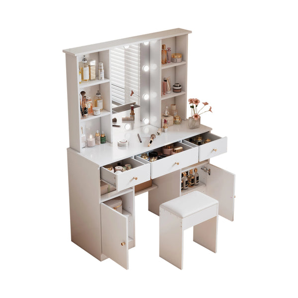Coiffeuse blanche LED avec tabouret