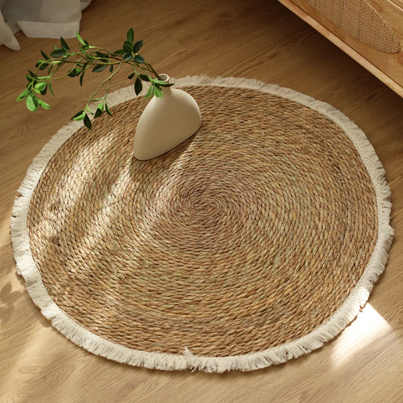 Tapis rond jute naturel frangé