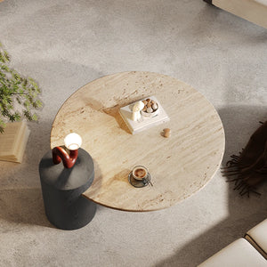 Table basse ronde travertin bois design
