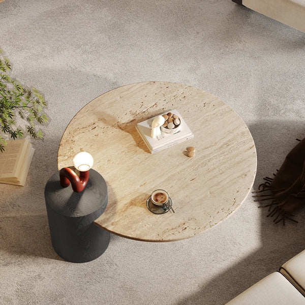 Table basse ronde travertin bois design