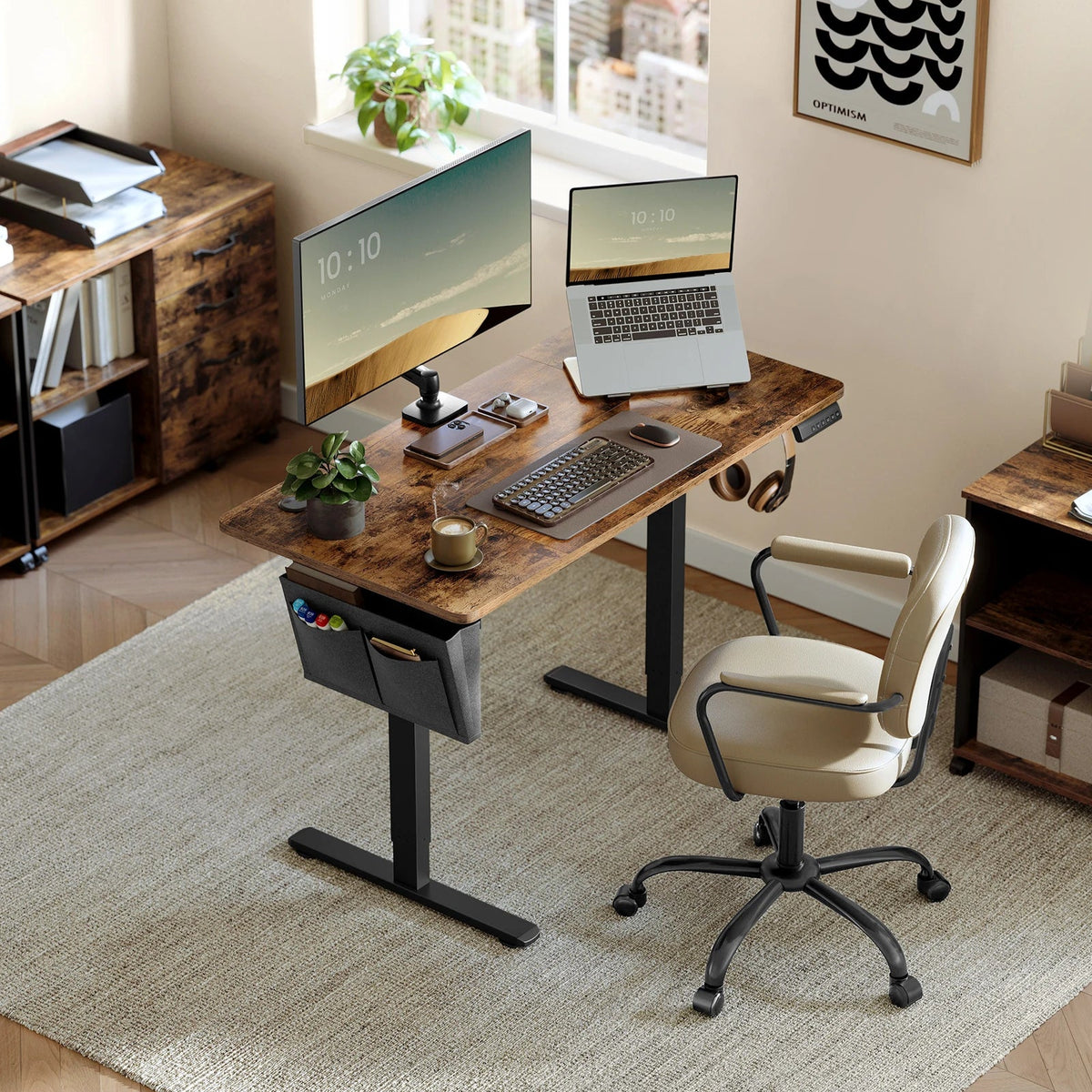 Bureau réglable électrique bois rustique