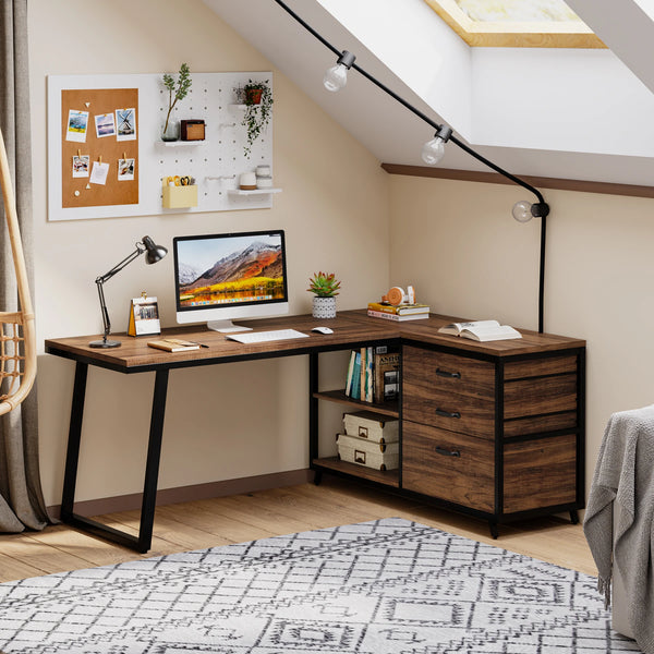 Bureau d’angle bois foncé industriel