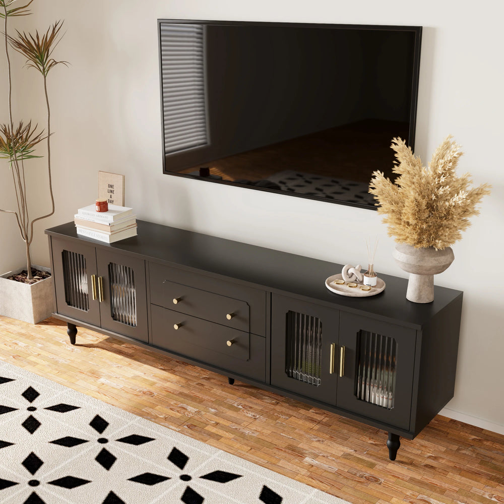 Meuble TV noir rétro avec verre rainuré