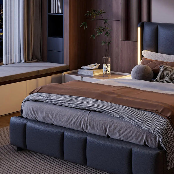 Black upholstered LED bed with storage