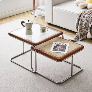 Table basse carrée rotin verre