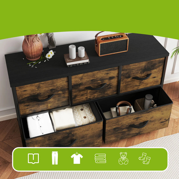 Commode 5 tiroirs tissu et bois