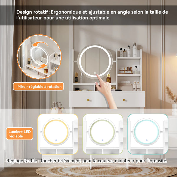 Coiffeuse 4-en-1 LED avec miroirs
